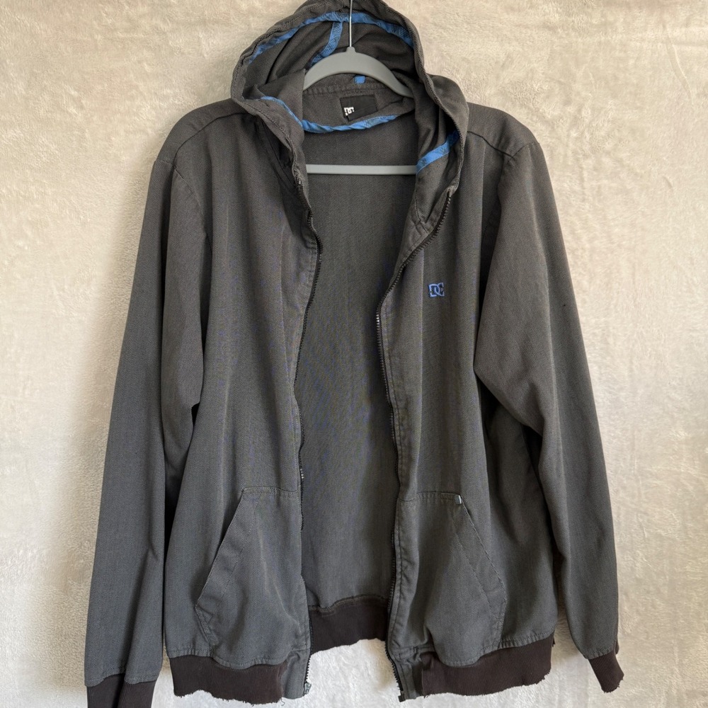 DC Shoes Mens XL Hooded Jacket Black Gray Y2K Skate Streetwear Full Zip Grunge
